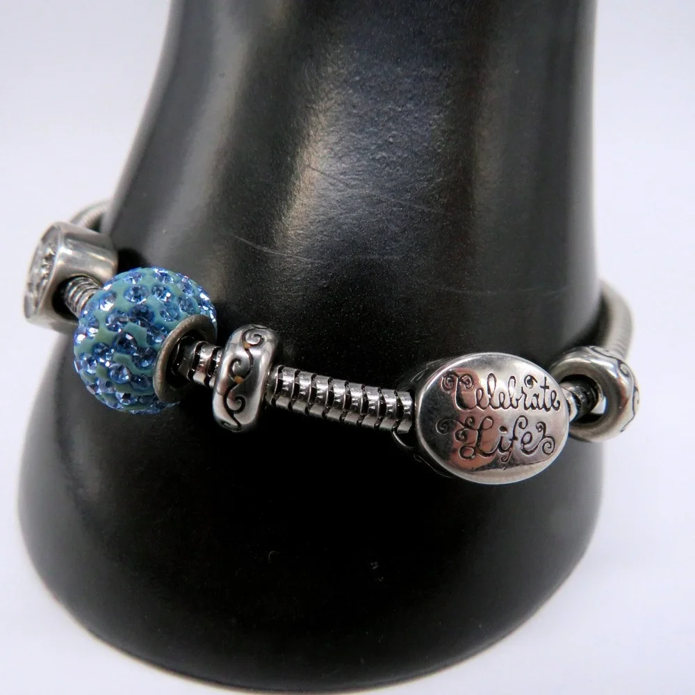 Silver Tone Celebrate Life Angel Charm Bracelet Blue Rhinestone Snake Chain